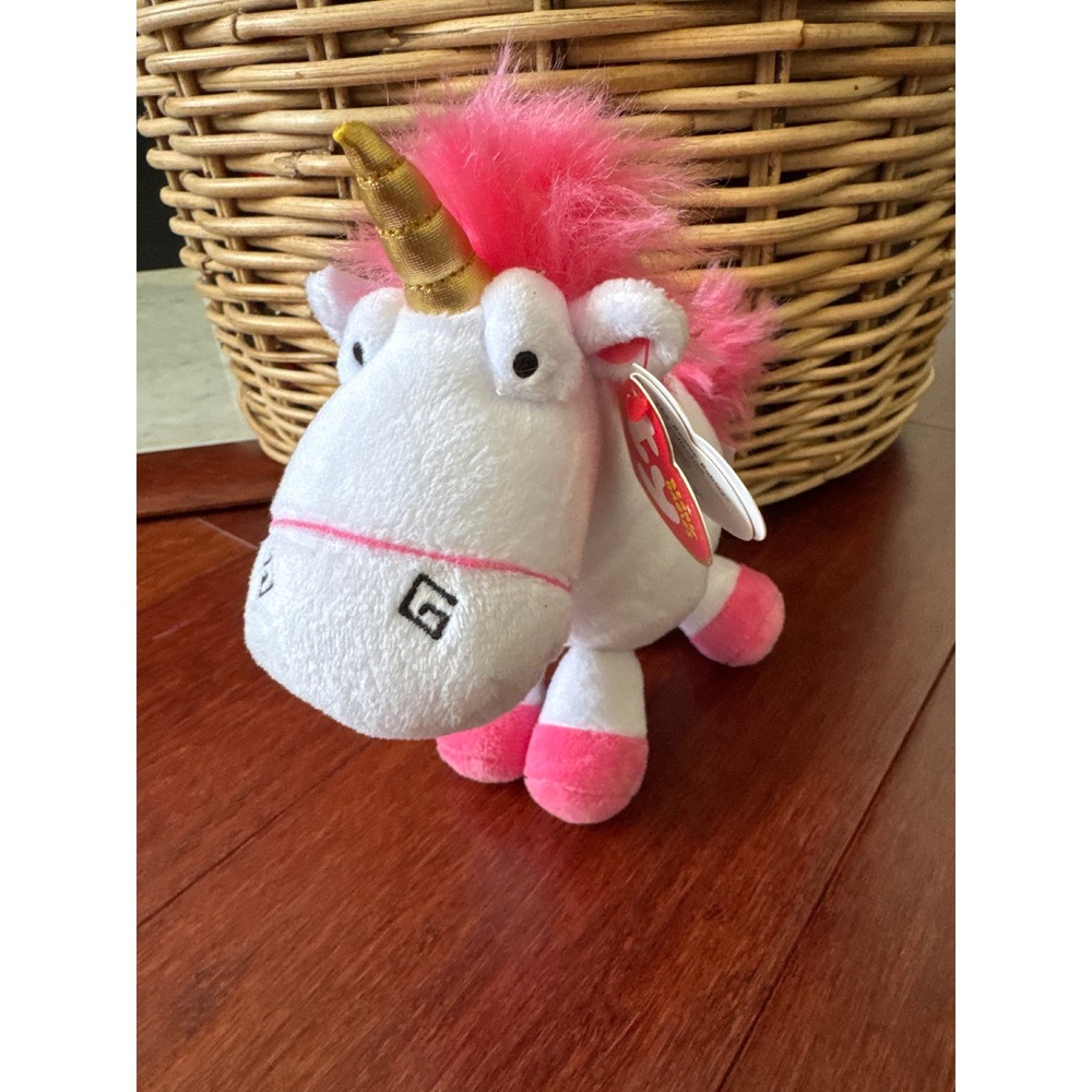 Ty Beanie Babies Fluffy Unicorn Despicable Me Plush White Pink Gold Horn 6.5in